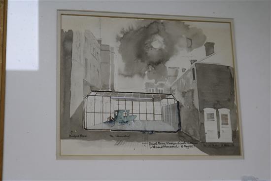 Leonard Manasseh, ink and watercolour, Royal Mews Windsor, Coach Museum 22 x 28cm